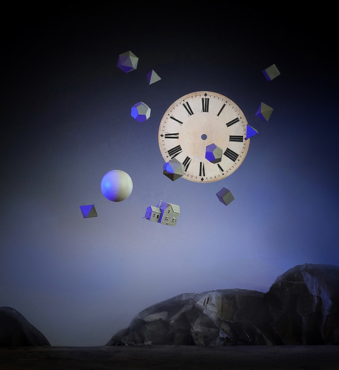 Surrealism, dreams, clock, polyhedron, platonic solid, dreamscape, landscape, twilight, flying house